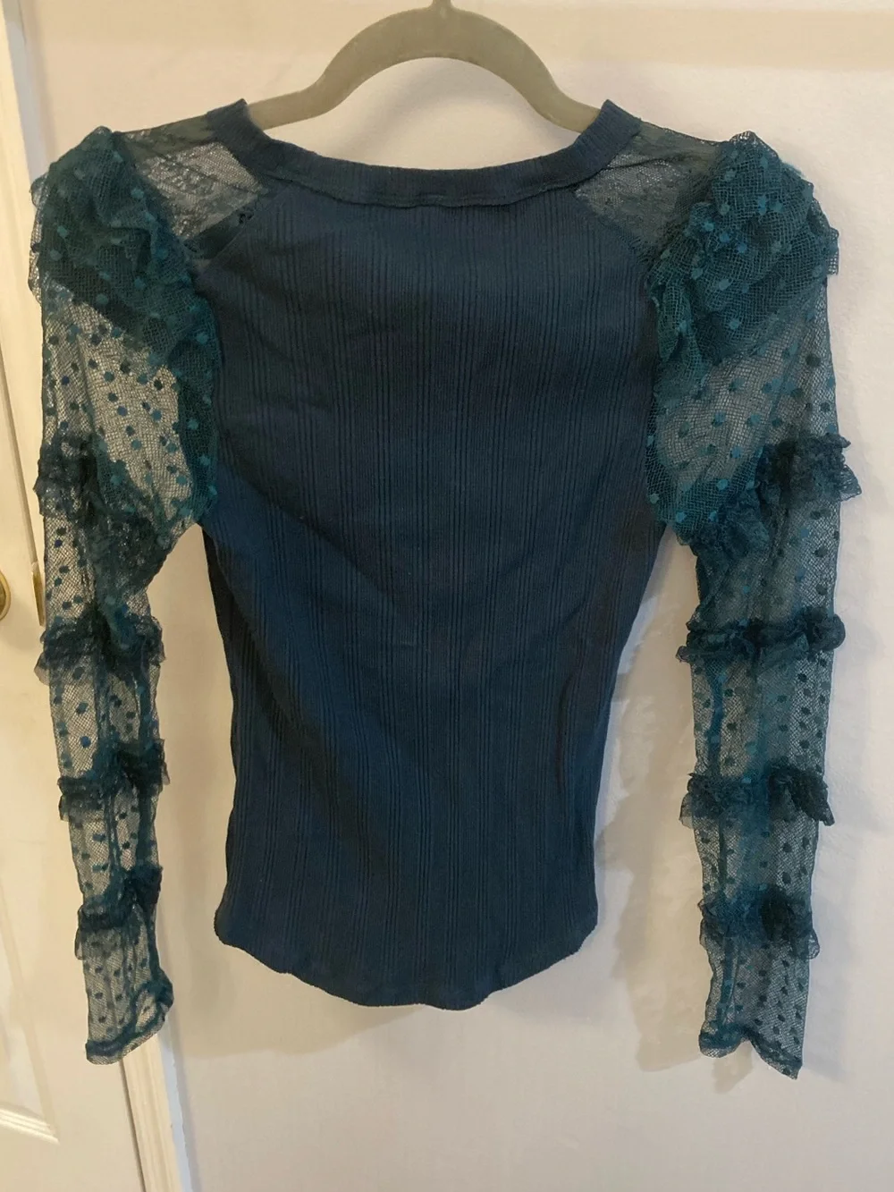 Free People Kiss Kiss Ruffle Lace Sleeve Ribbed Shirt Dark Green